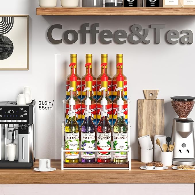 THYGIFTREE Coffee Syrup Rack Organizer 3-Tier 12 Syrup Bottles Holder Stand for Coffee Bar Station Storage Shelves for Syrup, Wine, Dressing for Kitchen, White
