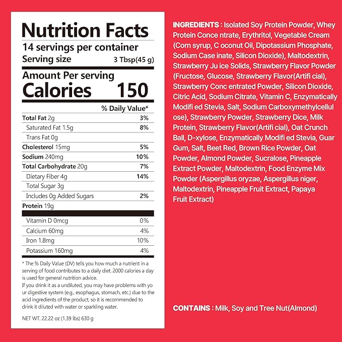 Strawberry Protein Shake, With Crunchy Protein Balls, Protein Smoothie Powder - 19g Protein, Low Sugar, Keto-Friendly Meal Replacement Shake, 22.22oz, 14 Servings, 14 Servings (1 X 22.22oz)