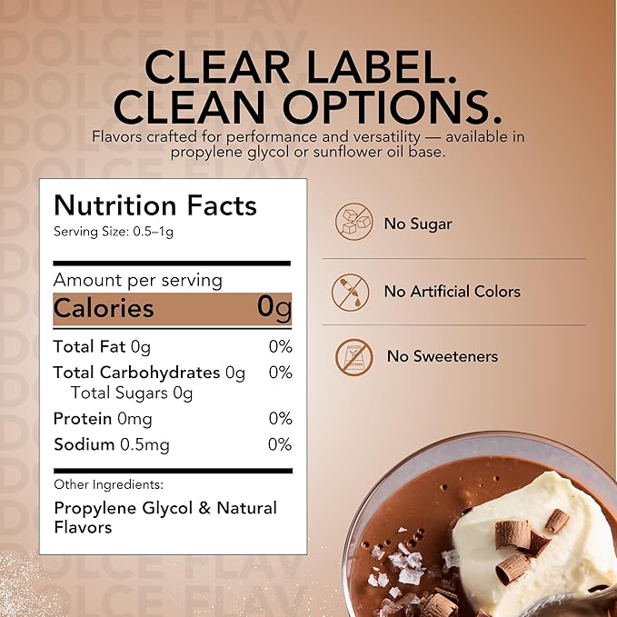 Dolce Flav Natural Chocolate Extract – 2 Ounce Water-Soluble Kosher, Sugar-Free, Concentrated Chocolate Flavor for Baking, Coffee, Ice Cream, Smoothies & Desserts, Includes Measured Dropper