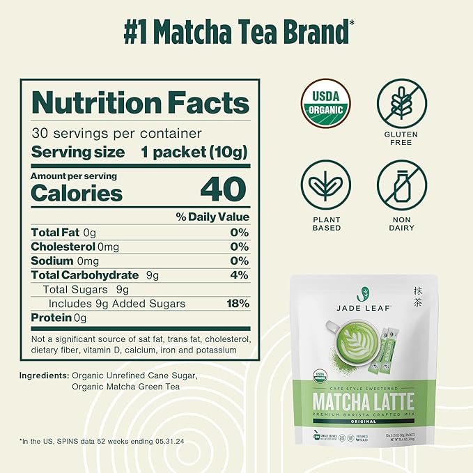 Jade Leaf Matcha Organic Premium Ceremonial Grade Matcha Green Tea Powder - Japanese - Culinary, Ingredient, Ceremonial Barista Teahouse, Latte, Collagen, 0.35 Ounce (Pack of 30), Matcha Latte