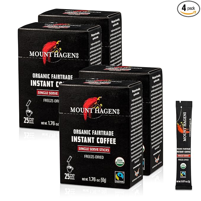 Mount Hagen 25 Count Single Serve Instant Coffee Packets - 4 Pack | Organic Medium Roast Arabica Beans | Eco-friendly, Fair-Trade [4 x 25 sticks/1.76oz/50g]