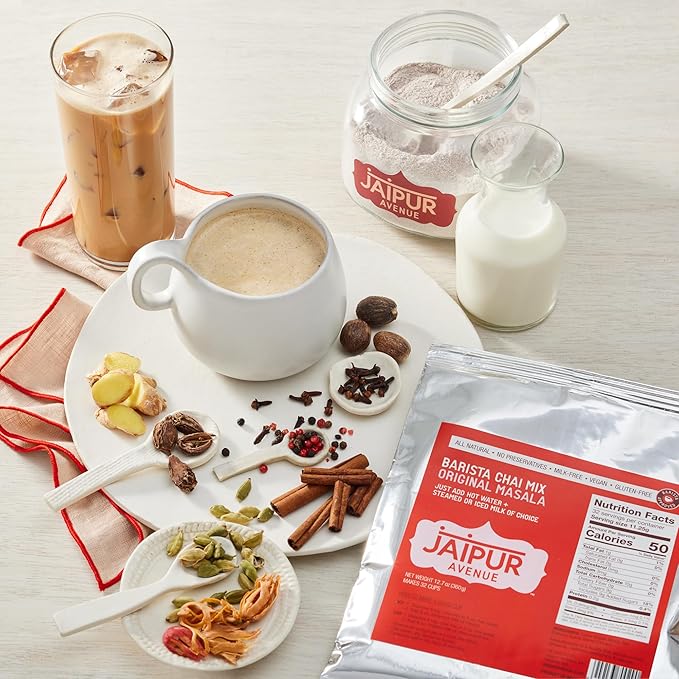 Jaipur Avenue Barista Chai Tea Mix - Original Masala (without Milk) - Vegan, Preservative-Free, Gluten-Free, Dairy- Free, and Authentic Masala Chai Tea Latte - 12.7 oz, Makes 32 Cups