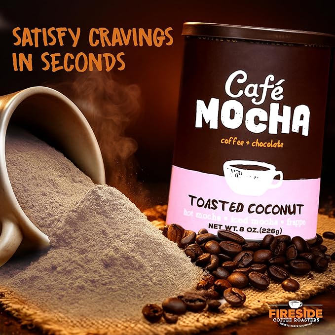 Fireside Coffee Toasted Coconut Cafe Mocha - Instant Coffee Chocolate Blend - Premium Caffeinated Drink Mix for Hot, Iced, Milkshake, and Mocha Frappe Mix, Only Add Water and Enjoy, 8 Ounces
