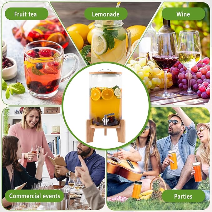 2 Gallon Drink Dispenser, Glass Beverage Dispenser with Wood Stand, Lemonade Dispenser with Airtight Valve and Stainless Steel Spigot Fruit Infuser, Thick Drink Dispenser for Parties Restaurants