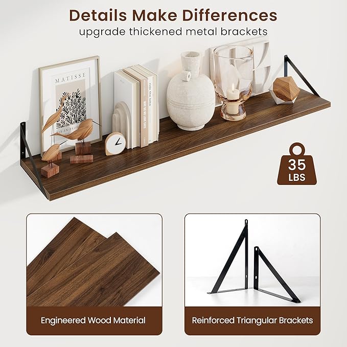 Axeman Deep Floating Shelves for Wall - 48 Inch Wide x 10 Inch Deep Floating Shelves Set of 2 -Walnut Wide Wall Shelves for Living Room Bathroom Bedroom