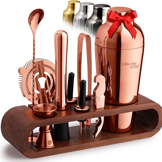 Mixology & Craft Bartender Kit: 10-Piece Cocktail Shaker Set with Dark Bamboo Stand | Complete at Home Bar Set with Bar Accessories | Great Housewarming Gift | Leak-Proof Design (Copper)