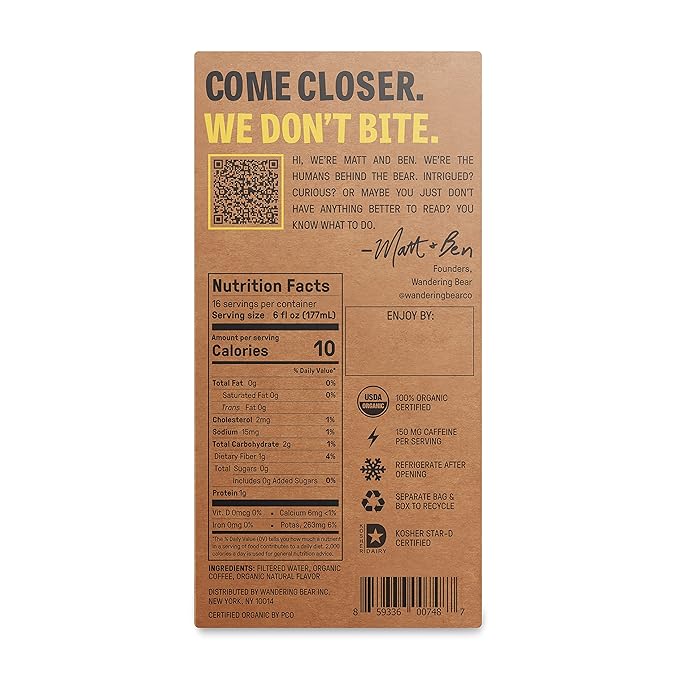 Wandering Bear Organic Caramel Cold Brew Coffee On Tap, Iced Coffee Drink - Extra Strong, Bold, Smooth, No Sugar Added, Shelf-Stable, Ready to Drink,Gluten Free & Vegan -16 Servings of 6fl.oz -96fl.oz