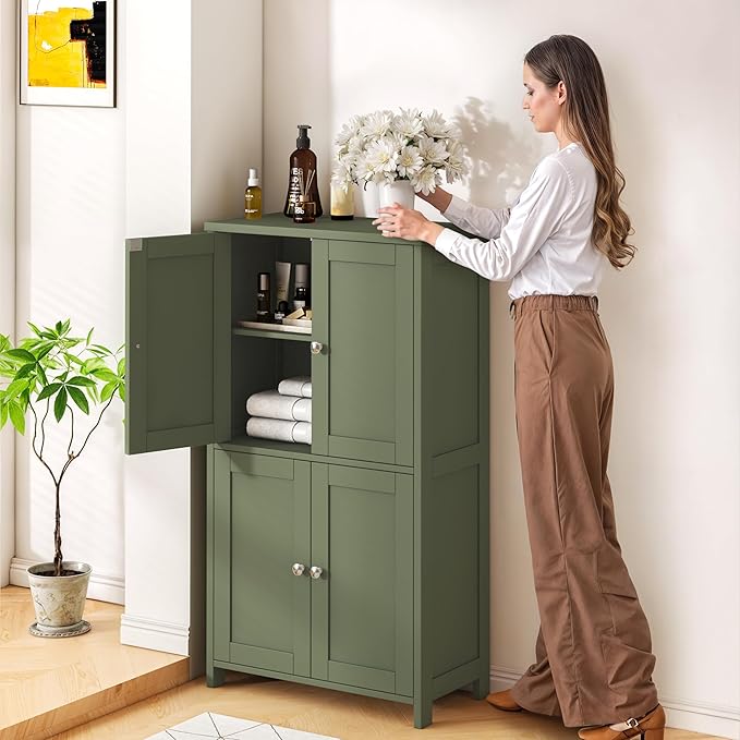 Nuturelly Bathroom Floor Storage Cabinet, Freestanding Pantry Cabinets with 4 Doors & 3 Adjustable Heights, Bathroom Organizers and Storage with Top Board & Metal Handles for Kitchen, Pale Green