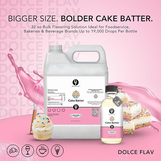 Dolce Flav Cake Batter Flavoring – 32 Ounce Water-Soluble Kosher, Sugar-Free, Concentrated Birthday Cake Flavor for Frosting, Cupcakes & Ice Cream