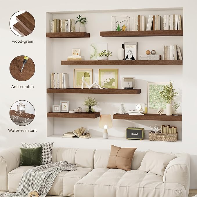 36 Inch Floating Shelves, 12" Deep Floating Shelf Wall Mounted, 36" Wall Shelves, Rustic Deep Bookshelf, Extra Deeper & Thicker Display Shelves for Bedroom, Living Room, Walnut, Set of 2