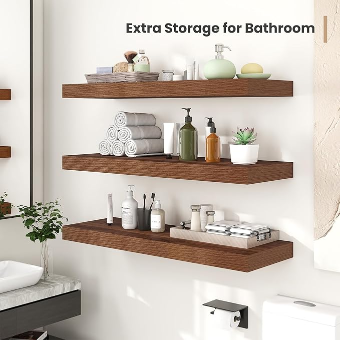 Heimlove 12 Inch Deep Floating Shelves, 12 x 12 inches Long Wall Shelf, Large Extra Display Shelf & Storage Shelf, Rustic Wood Wall Shelves for Fireplace Mantel, Walnut - 2Pack
