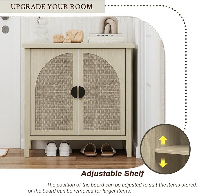 Rattan Door Sideboard Buffet Cabinet, Modern 2-Door Coffee Bar with Adjustable Shelf, Small Wood Credenza Cabinet with Storage for Living Room, Dining Room, Entryway, Natural