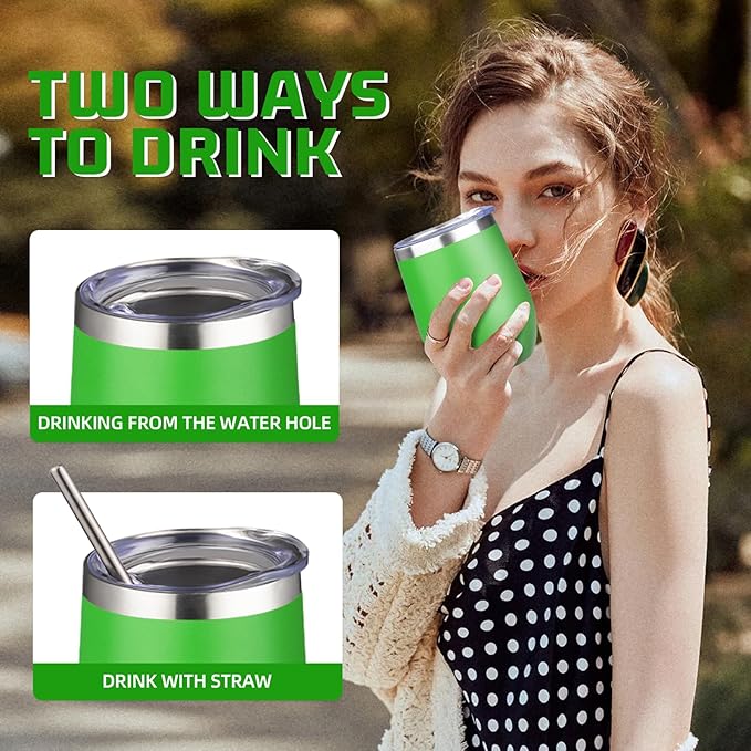 12oz/4 Pack Wine Tumbler Glasses with Lid Stemless Double Wall Vacuum Stainless Steel Travel Tumbler Keeping Cold & Hot for Wine,Coffee,Cocktails,Christmas Drinks-Family and Gifts(Multi color-8)