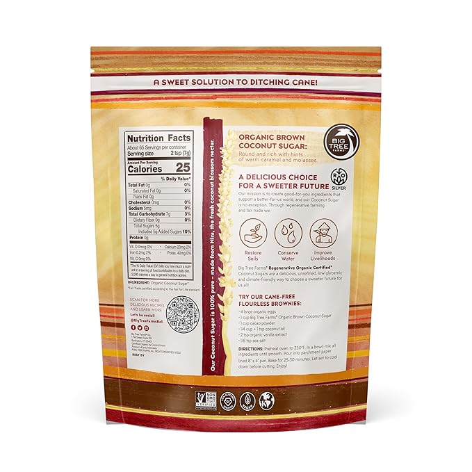 Big Tree Farms Organic Brown Coconut Sugar - Coconut Palm Sugar, Unrefined, Fine Crystals, Cane Sugar Replacement, Coconut Blossom Nectar, Vegan, Perfect for Baking - 2 Pound (Pack of 2)