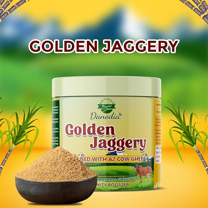 Danodia Foods Golden Jaggery with A2 Cow Ghee, 14.1 oz (400 g) | Cane Juice Jaggery Infused with Pure A2 Ghee | Rich Caramel-Butter Taste for Coffee, Tea, Baking, Desserts