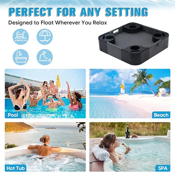 COOS BAY 24''x24'' Square Floating Drink Holder for Pool and Hot Hub, Large Floating Serving Tray with Handles, Wicker Floating Pool Tray for Food and Drinks, Gray