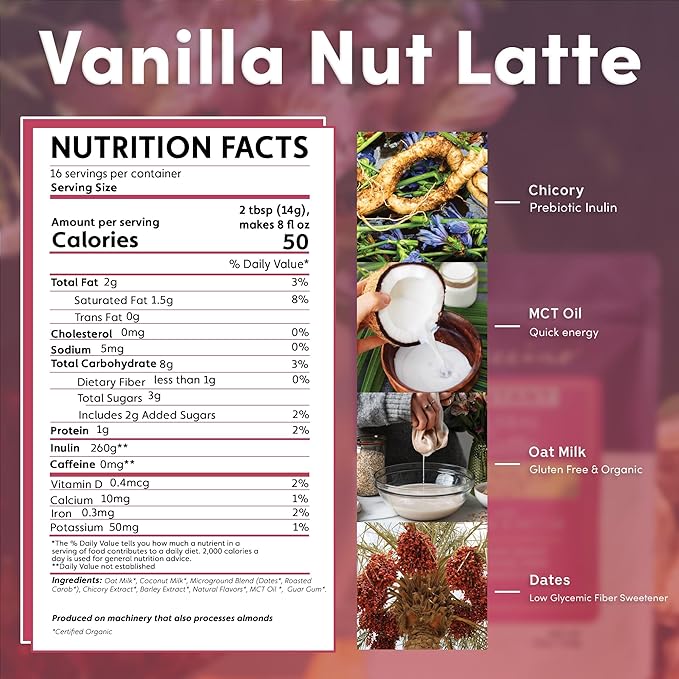 Teeccino Organic Instant Vanilla Nut Herbal Latte – 14 Servings – Creamy Oat & Coconut Latte Plus MCT Oil with Vanilla & Dates Accenting Roasted Chicory – Prebiotic, Caffeine-Free – 7.9 ounces