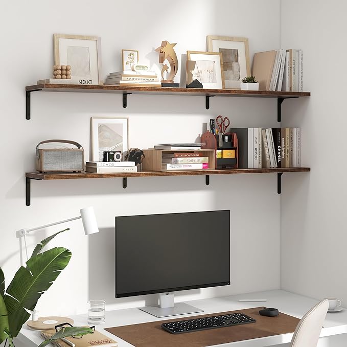 Fun Memories Deep Floating Shelves, 55W x 8D Floating Shelves Set of 2, Wall Mounted Shelf with Metal Brackets, Rustic Wood Wall Shelf for Bathroom, Kitchen and Living Room, Rustic Brown