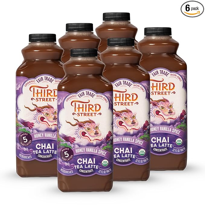 Third Street Inc. Organic Honey Vanilla Spice Chai Concentrated 6-Pack, 32 Fl. Oz., Chai Tea Latte Concentrate, Sweet and Smooth Tea Blend, Beverage Concentrate 1:1, Gluten Free, Kosher, Non-GMO