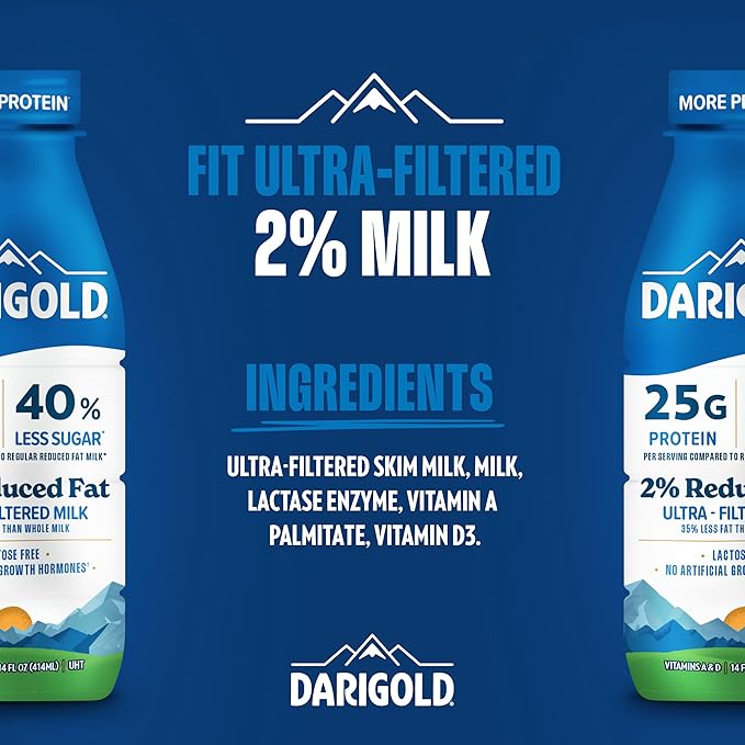 Darigold FIT High Protein Milk 2 Percent - Ultra-Filtered, Low Fat, Lactose Free - 25g Protein, 40% Less Sugar - 14oz Bottles, 12 Pack (White Milk)