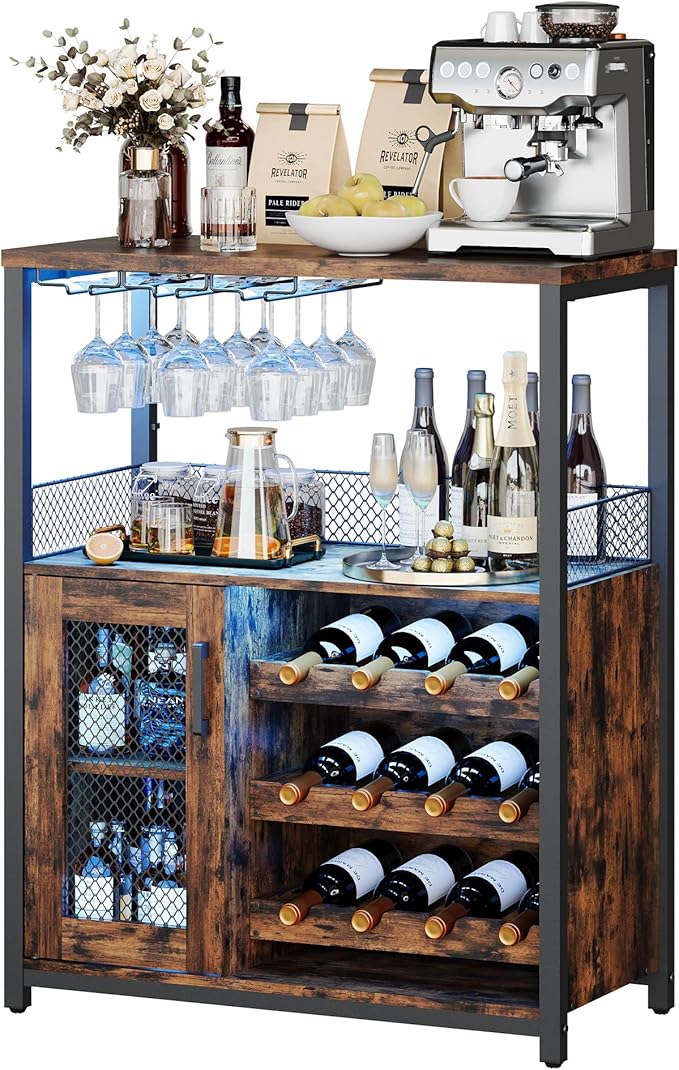 Vintage 3-Tier Wine Bar Cabinet with Adjustable Shelves, Glass Holders, Mesh Door, Small Buffet Sideboard Liquor & Coffee Bar Cabinet for Kitchen, Dining Room, Living Room