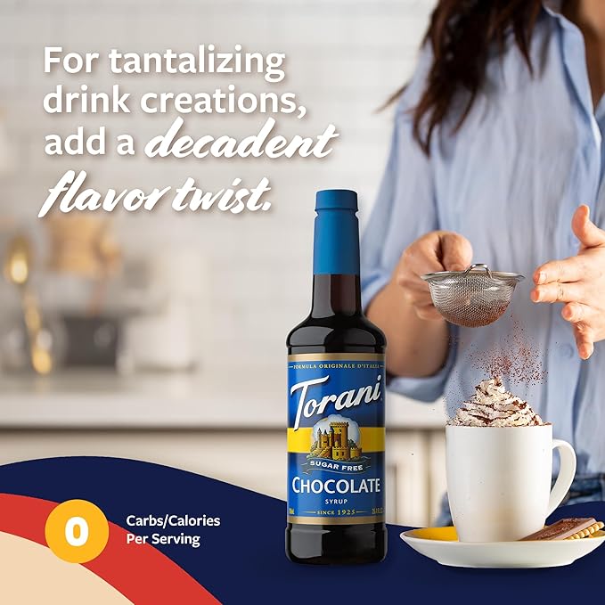 Torani Sugar Free Coffee Syrup, Chocolate Flavored Syrup for Drinks, Zero Calorie, Pump Included, 25.4 Fl Oz