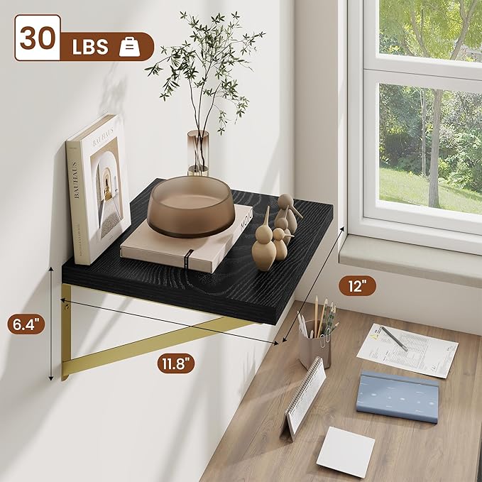 Deep Wall Shelves 12"W x 12"D Engineered Wood Floating Shelves for Wall, Sturdy Metal Bracket(Gold) Bookshelves Home Decor Storage for Living Room Bedroom Bathroom Kitchen, Set of 2, Black Finish