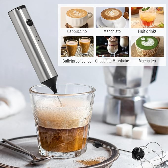 Madrigal Rechargeable Milk Frother with Stand, Dual 304 Stainless Steel Whisks, USB-C Mini Mixer for Drinks, Cappuccino & Hot Chocolate, 3-Speed Handheld Drink Mixer for Lattes