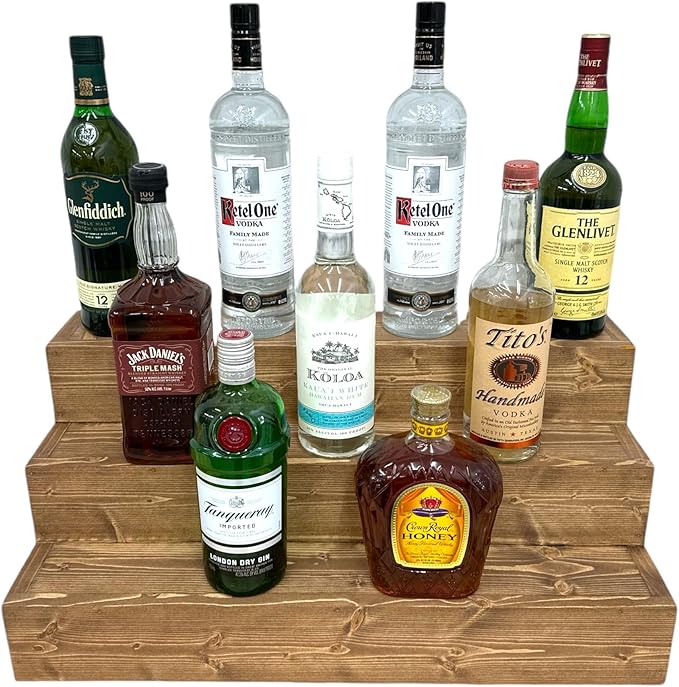 Handmade Tiered Display Shelving - Three Tier Bar Display - Bar Organizer - Liquor Bottle Display (24" without Back, Special Walnut)