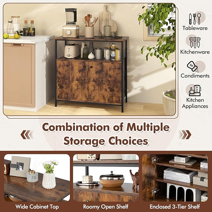 Buffet Cabinet, Industrial Storage Cabinet with Doors and Shelves, Wood Buffets & Sideboards, Farmhouse Coffee Bar, Rustic Console Table for Kitchen, Dining Living Room, Entryway