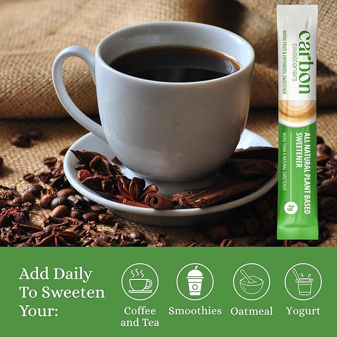 Carbon Sweeteners Monk Fruit Sweetener With Erythritol, White Sugar Substitute From Monk Fruit Extract, Classic White Sugar Replacement for Baking, Coffee & Tea, Gluten Free, Low Carb, Non GMO, Keto, 60 Count (Pack of 1)