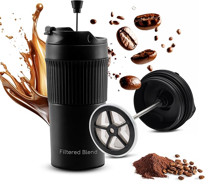 15oz Double Wall Stainless Steel Insulated French Press Coffee and Tea Maker - Portable Camping Mug and Tumbler - Heat Retaining, Leak-Proof, Travel-Friendly for Office and Outdoor Adventures (Black)