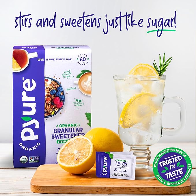 Pyure Organic Stevia Packets | Zero Calorie Sweetener for Coffee, and Baking | Granulated Stevia Sugar Substitute | Plant-Based, Keto, Diabetic & Paleo Friendly | USDA Organic, Non-GMO | 80 Packets