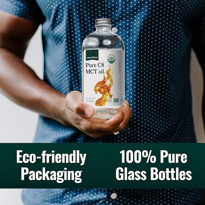Natural Force Organic Pure C8 MCT Oil – Liquid MCT Oil in Glass Bottle Container – Concentrated Caprylic Acid – Keto, Paleo, Kosher, Vegan & Non-GMO – Lab Tested for Quality and Purity, 16 Ounce