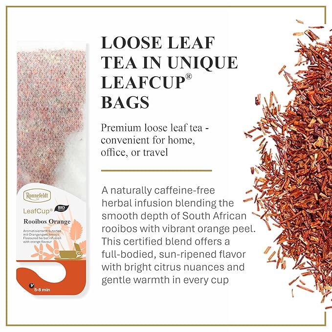 Ronnefeldt LeafCup Rooibos Orange Chai – Naturally Caffeine-Free Red Herbal Tea with Natural Orange Flavoring – 15 Individually Wrapped Loose Leaf Tea Bags – Packed in Germany
