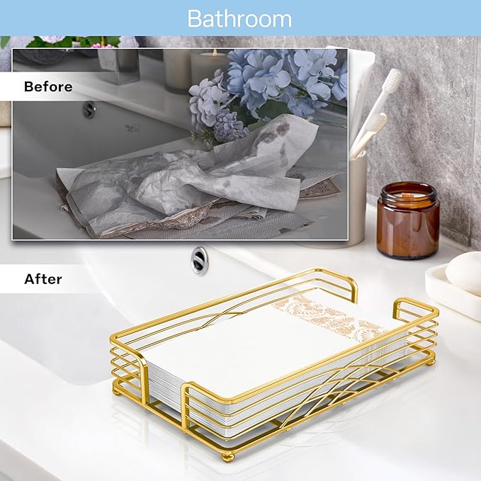 Gold Guest Towel Holder Tray for Bathroom – Countertop Napkin Organizer for Disposable Paper Towels, Elegant Hand Towel Rack for Powder Room, Modern Guest Bathroom Accessories