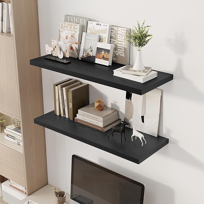 Dreamland 36" Floating Shelves for Wall, 12" Deep Slim Black Floating Shelves, Wall-Mounted Shelves for Bedroom, Living Room, Kitchen, Bathroom - Set of 2