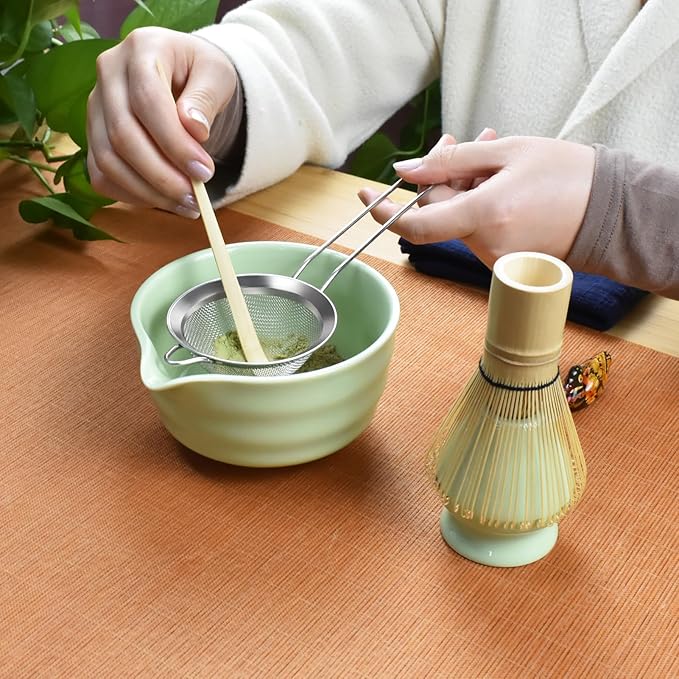 Artcome 7-Piece Matcha Tea Set - Complete Japanese Ceremony Kit with Bowl, Whisk, Scoop, Strainer & Guide, Green