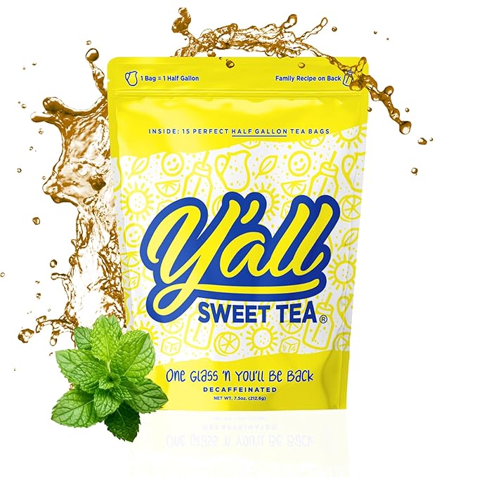 Y'all Sweet Tea - Decaf Iced Tea Bags Half Gallon Size in 7.5 Gallons Per Pack Quick Brew Authentic Southern Ice Tea Without Caffeine | As Seen on Shark Tank (Decaf)