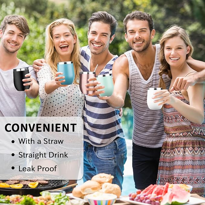 12oz/4 Pack Stainless Steel Wine Tumbler with Lids, Double WallVacuum Stainless Steel Travel Tumbler,Insulated Wine GlassesTravel Tumbler for Cold & Hot Drinks,Cup for ChampaignCoffee(white+Blue)