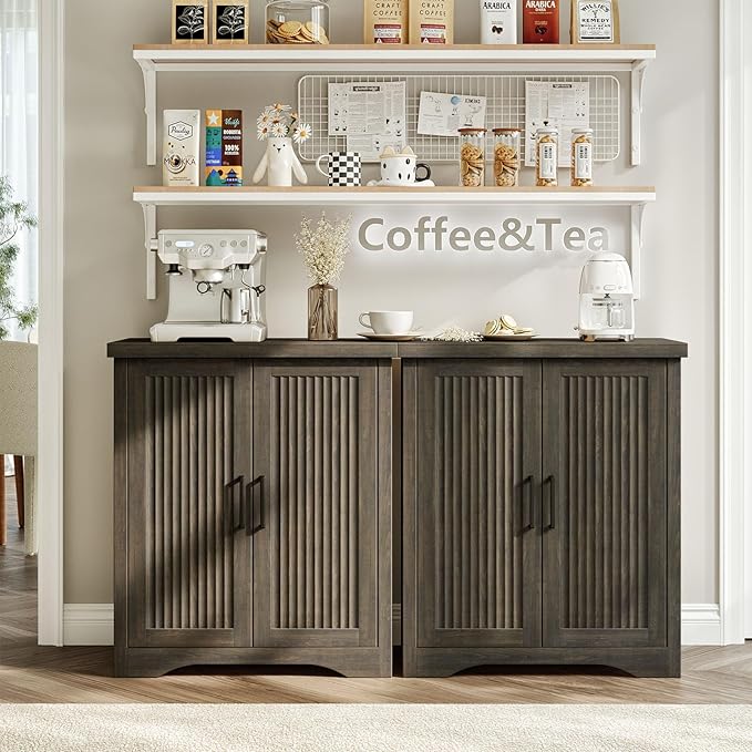 Fluted Buffet Cabinet with Storage Accent Sideboard,Modern Credenza with 2 Doors & Adjustable Shelves,Wood Coffee Bar Table Console for Dining Room Kitchen Living Room Entryway,Gray