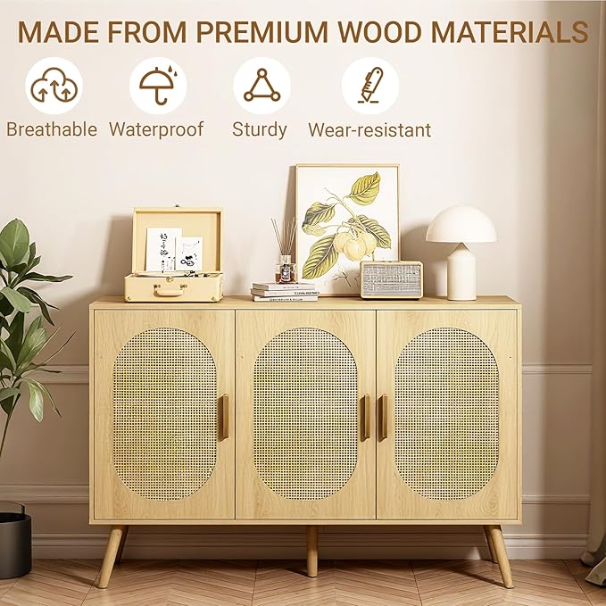 Storage Cabinet with Rattan Doors, Modern Farmhouse Coffee Bar Cabinet, Sideboard Buffet for Living Room, Entryway, Dining Room and Kitchen, Natural (Style Two)