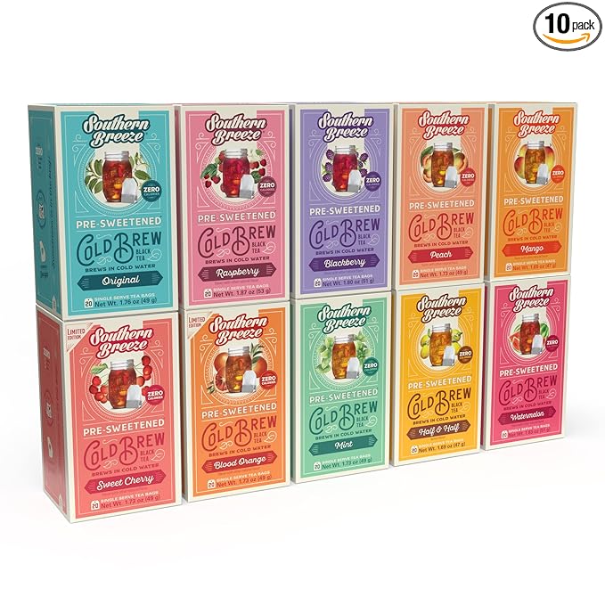 Southern Breeze Cold Brew Sweet Tea Variety Pack Iced Tea with Black Tea and Zero Carbs Zero Sugar, 20 Individually Wrapped Tea Bags, Pack of 10