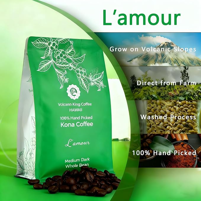 Hawaiian Kona Coffee Beans, 100% Kona No Blend, No. 1 Grade, Medium Dark Roast, from Our Coffee Estate in Hawaii, Smooth and Low Acidity(L'amour, 7 oz)