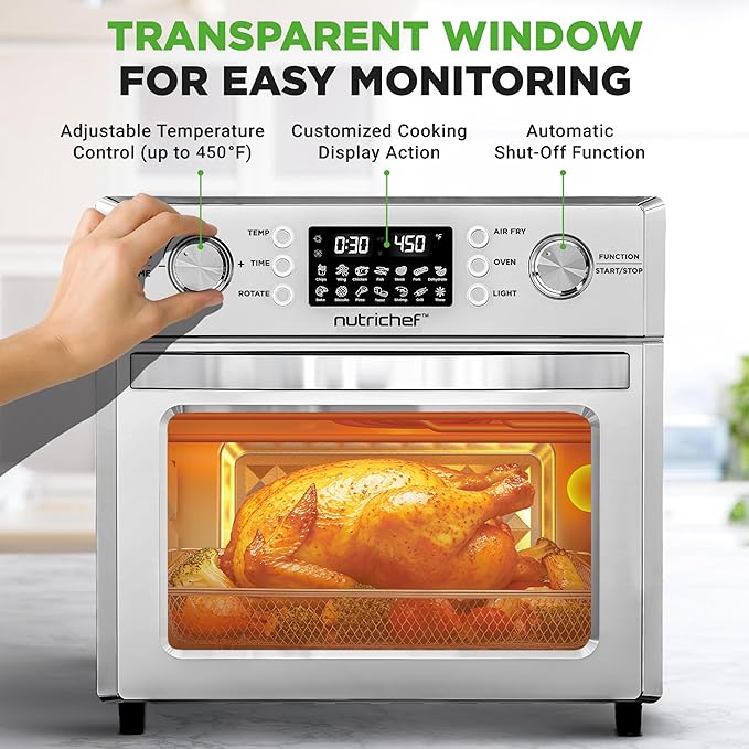 NutriChef 26L Electric Air Fryer Oven | 1700W Countertop Rotisserie & Air Fryer | 360° Rotating Feature | 10 Digital Menu Presets | Includes Drip Tray, Air Frying Basket & Bake Rack 15x16x14 (Silver)