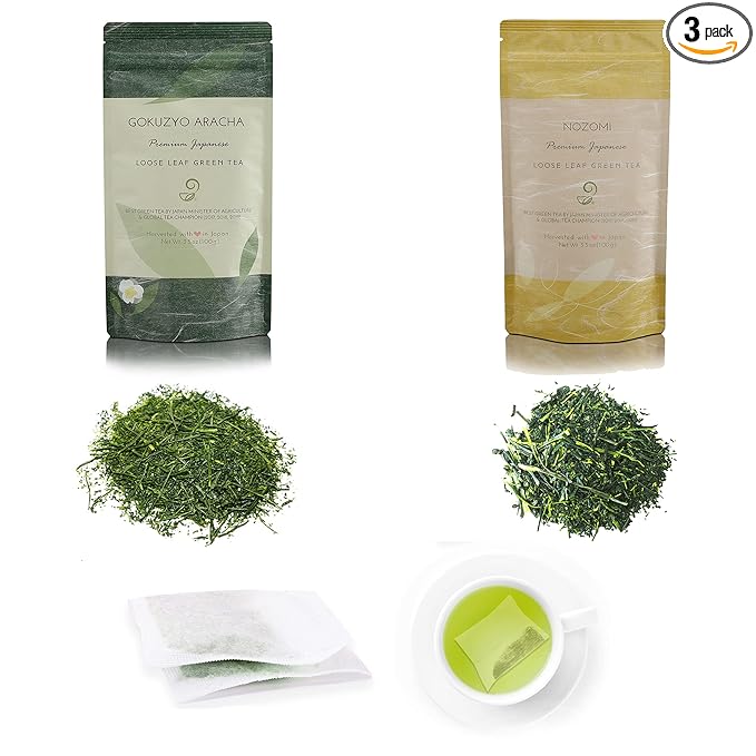 Nozomi, Gokuzyo Aracha and Loose Leaf Tea Bags from Japanese Green Tea Co - Premium Japanese Green Tea Assortment - Non-GMO, Delicate Flavor - Ideal for Tea Lovers