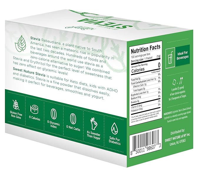 Sweet Nature | Stevia Erythritol Sweetener Powder - Keto Sugar Substitute for Diabetics - Vegan, Low Carb, Healthy, Natural, and Kosher (100 Packets)