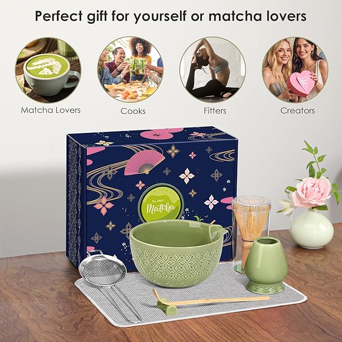 Matcha Whisk Set Matcha Kit - 7 Pcs Japanese Tea Set Includes Matcha Bowl with Spout,Bamboo Whisk with Ceramic Holder,Bamboo Scoop and Rest,Sifter,Tea Towel, for Ceremony Matcha Lovers Gift,Green