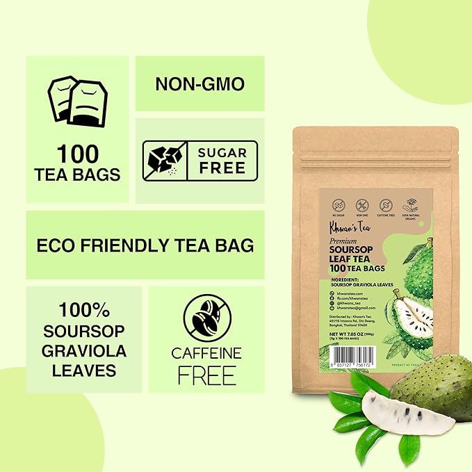 KHWAN’S TEA Premium Soursop Tea Bags, Pure Graviola Leaves, Handpicked Guanabana Leaf Herbal Tea, Caffeine-Free, No Sugar, Gluten-Free, Flavorful & Nutrient-Rich, Soursop Leaves Tea (2g/bag)