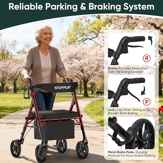 Foldable Aluminum Rollator Walkers with Cushion Seat for Senior, 16lbs Lightweight & 500 lbs Max Load, Adjustable 5-Level Seat Height & 6-Level Handles Height,8" Big Wheels,Dual Braking, Storage Bag